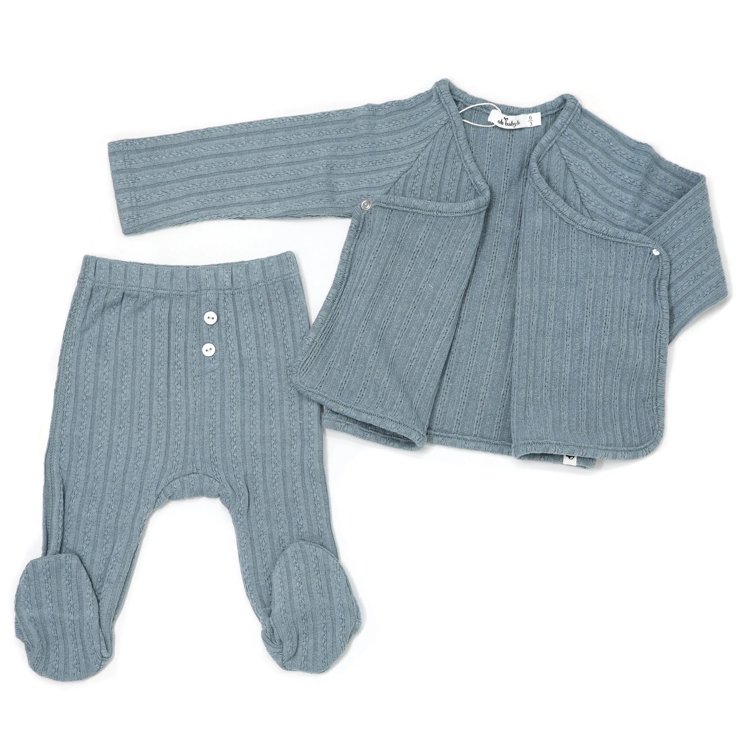 oh baby! Two Piece Kimono Footie Set - Cable Knit - Sea