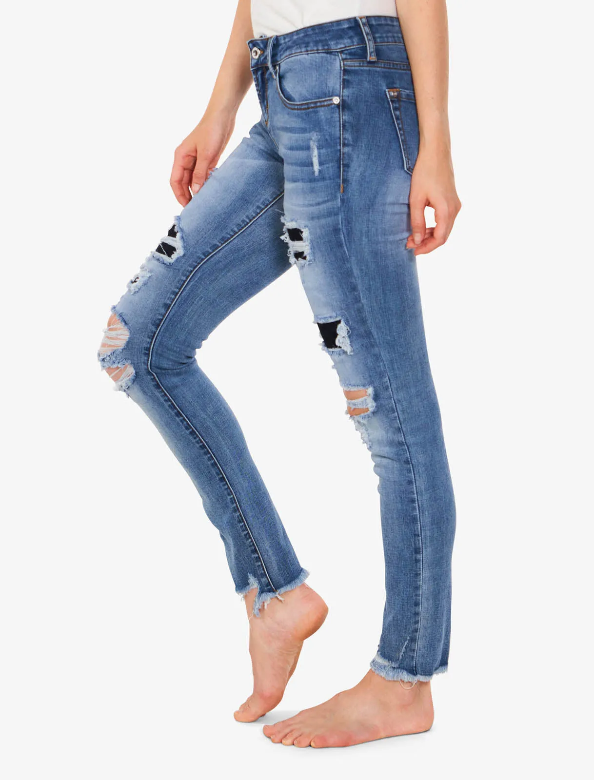 Patch Work  Med Blue Mid Rise Skinny Jeans