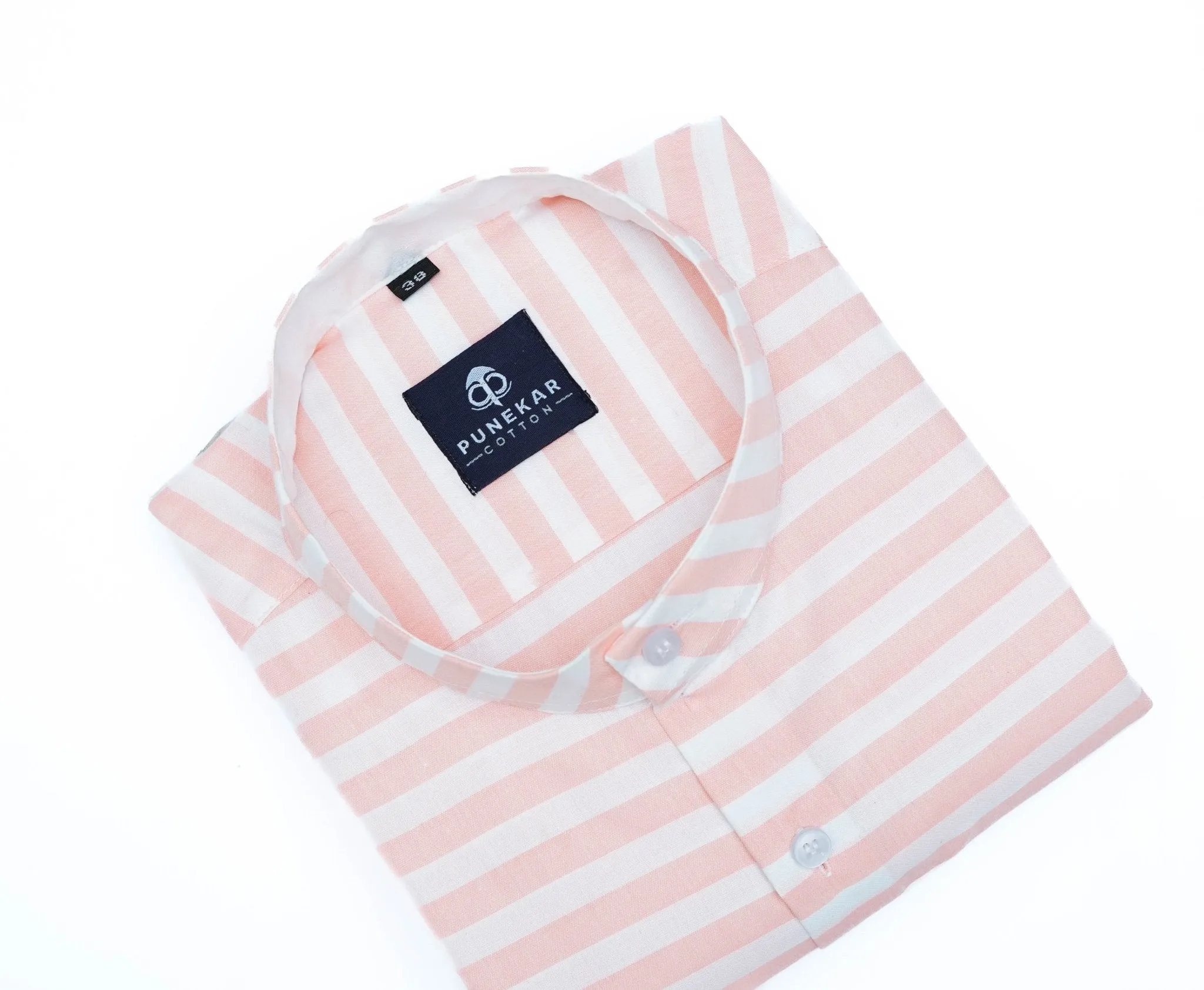 Peach Pink Color Stand Collar Strips Shirts For Men