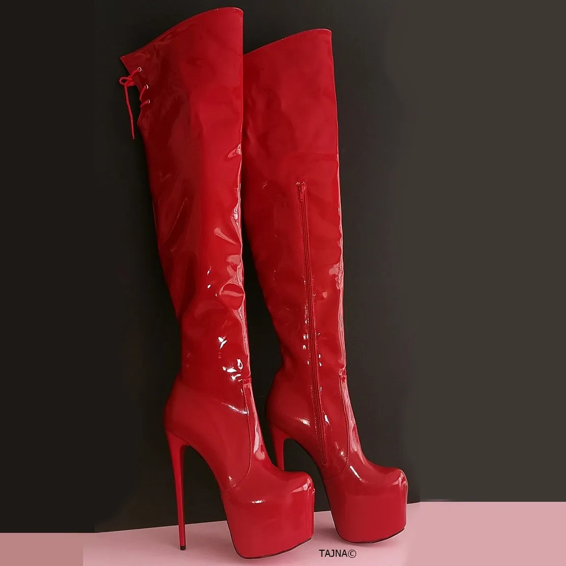 Red Patent Knee High Long Platform Boots