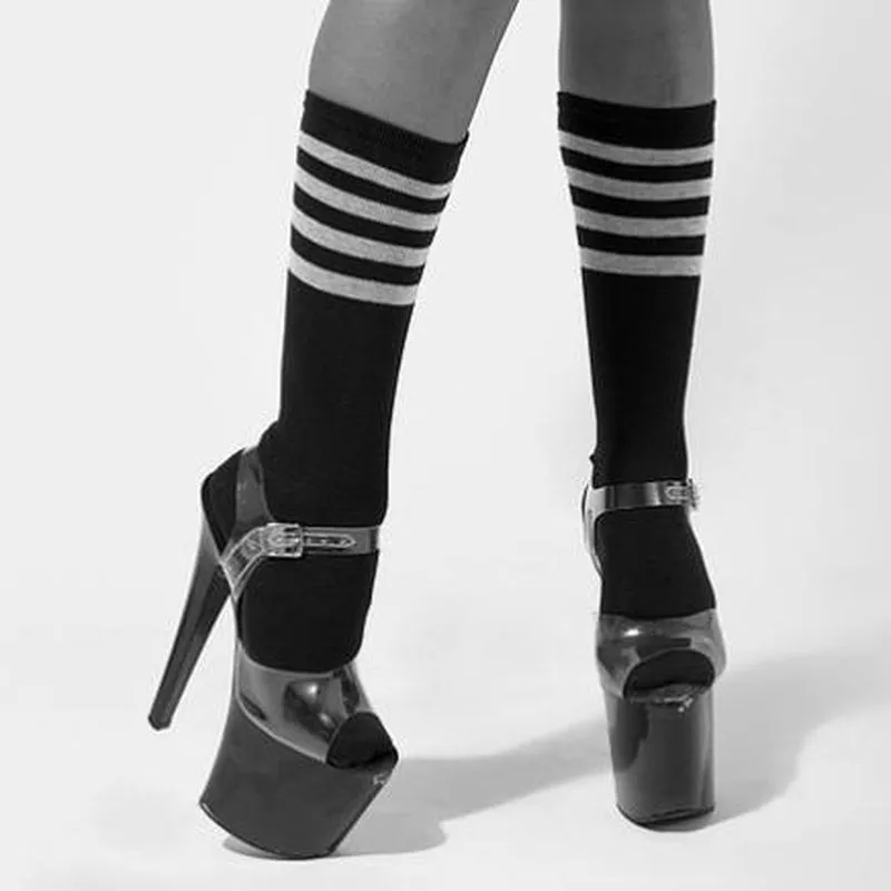 Rolling Calf High Socks - Black and White Striped