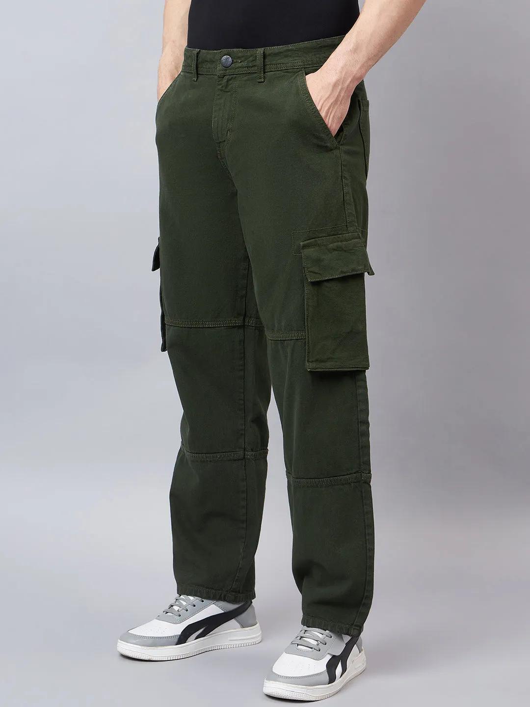 Style Quotient Men Olive Relaxed Fit Mid Rise Cargos