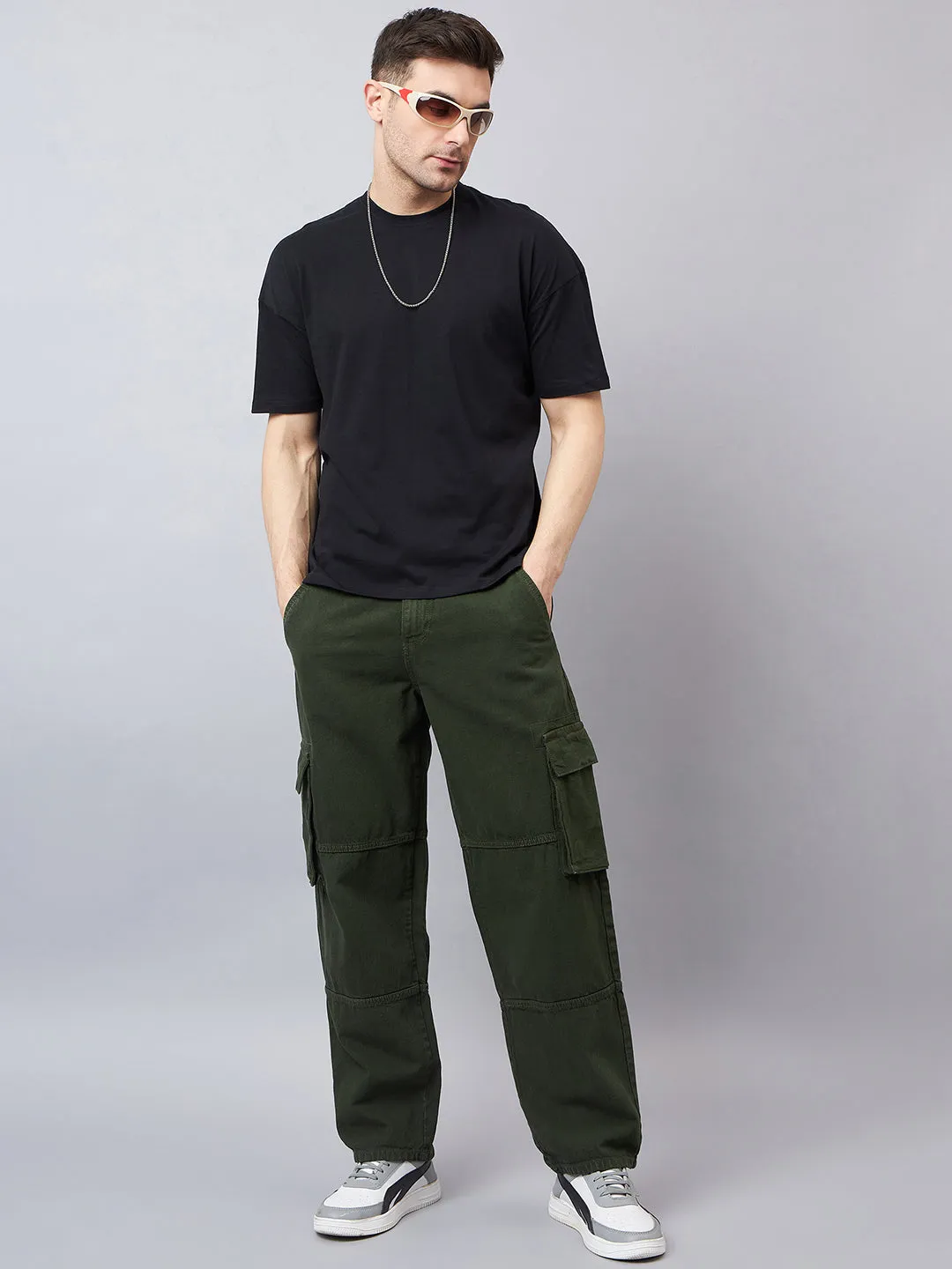 Style Quotient Men Olive Relaxed Fit Mid Rise Cargos