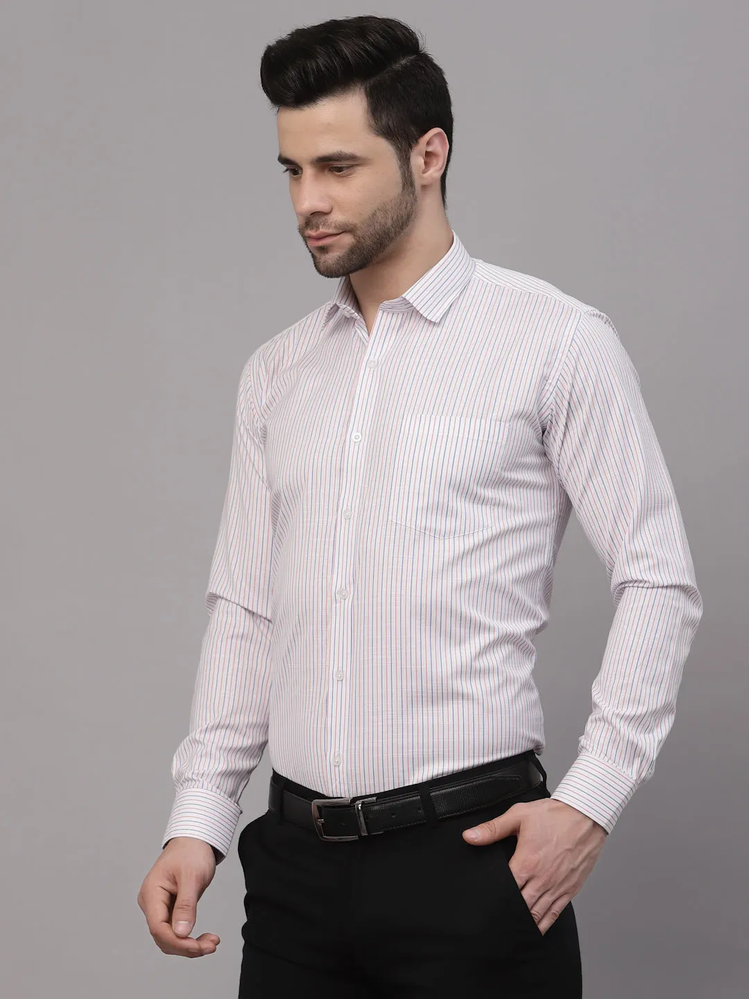 Style Quotient Men White And Peach  Hairline Stripe YarnDyed PolyCotton Regular Formal Shirt