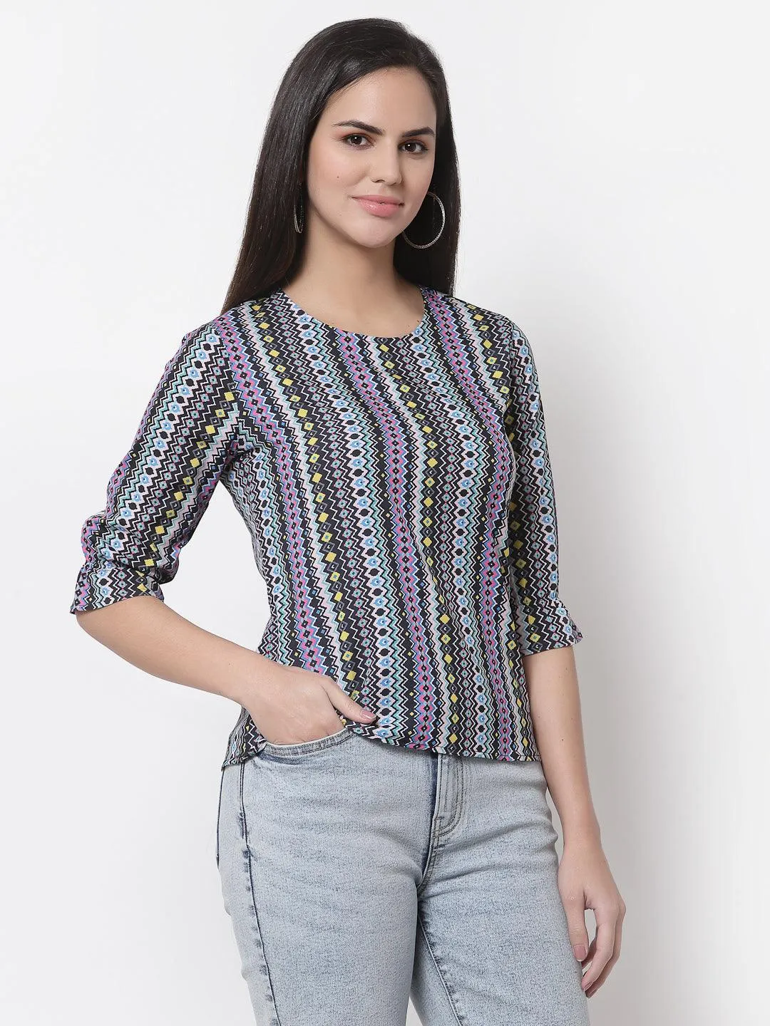 Style Quotient Women Black And Multi Geometric Printed Polyester Smart Casual Top