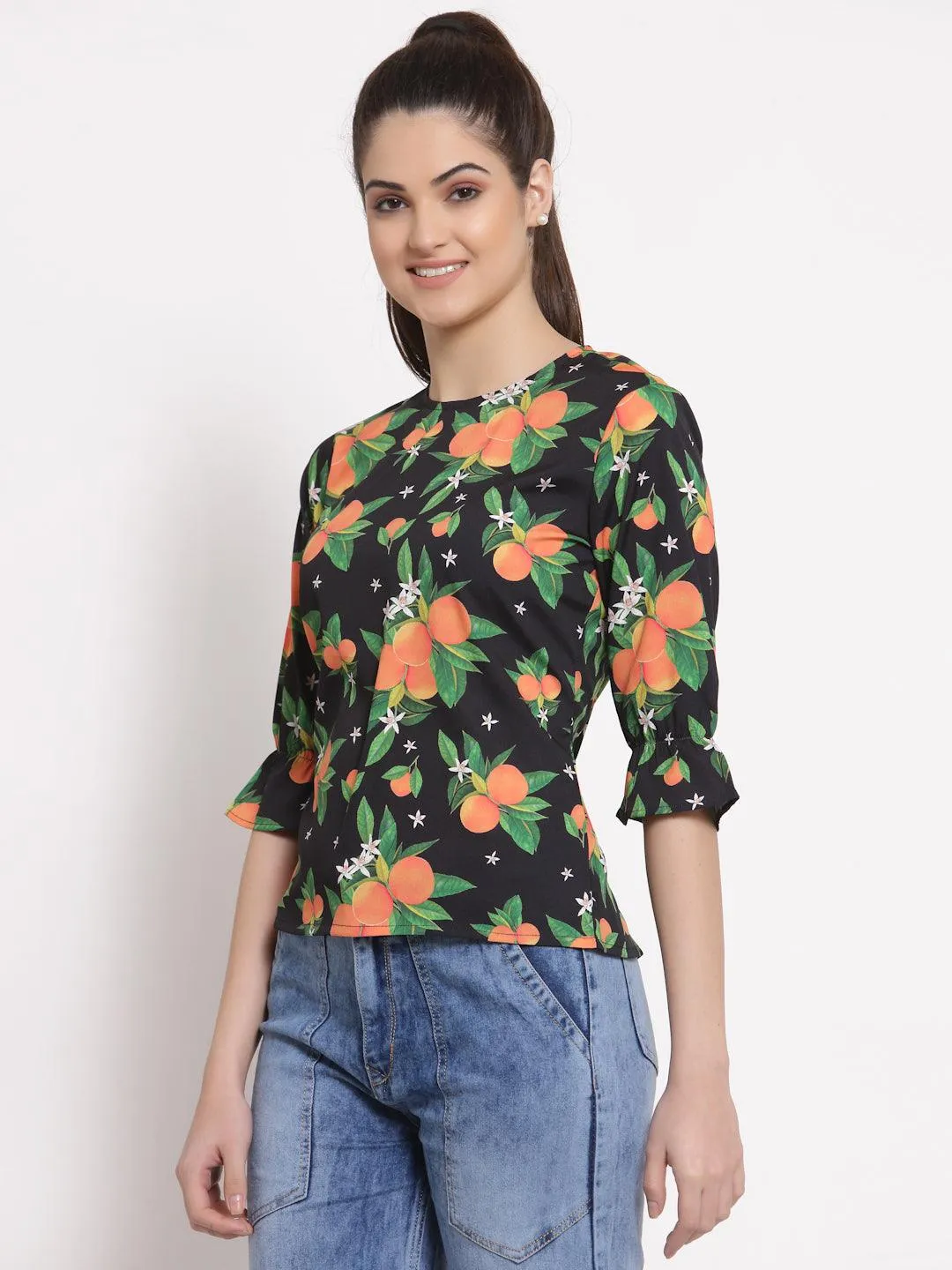 Style Quotient Women Black And Multi Tropical Printed Polycotton Smart Casual Top