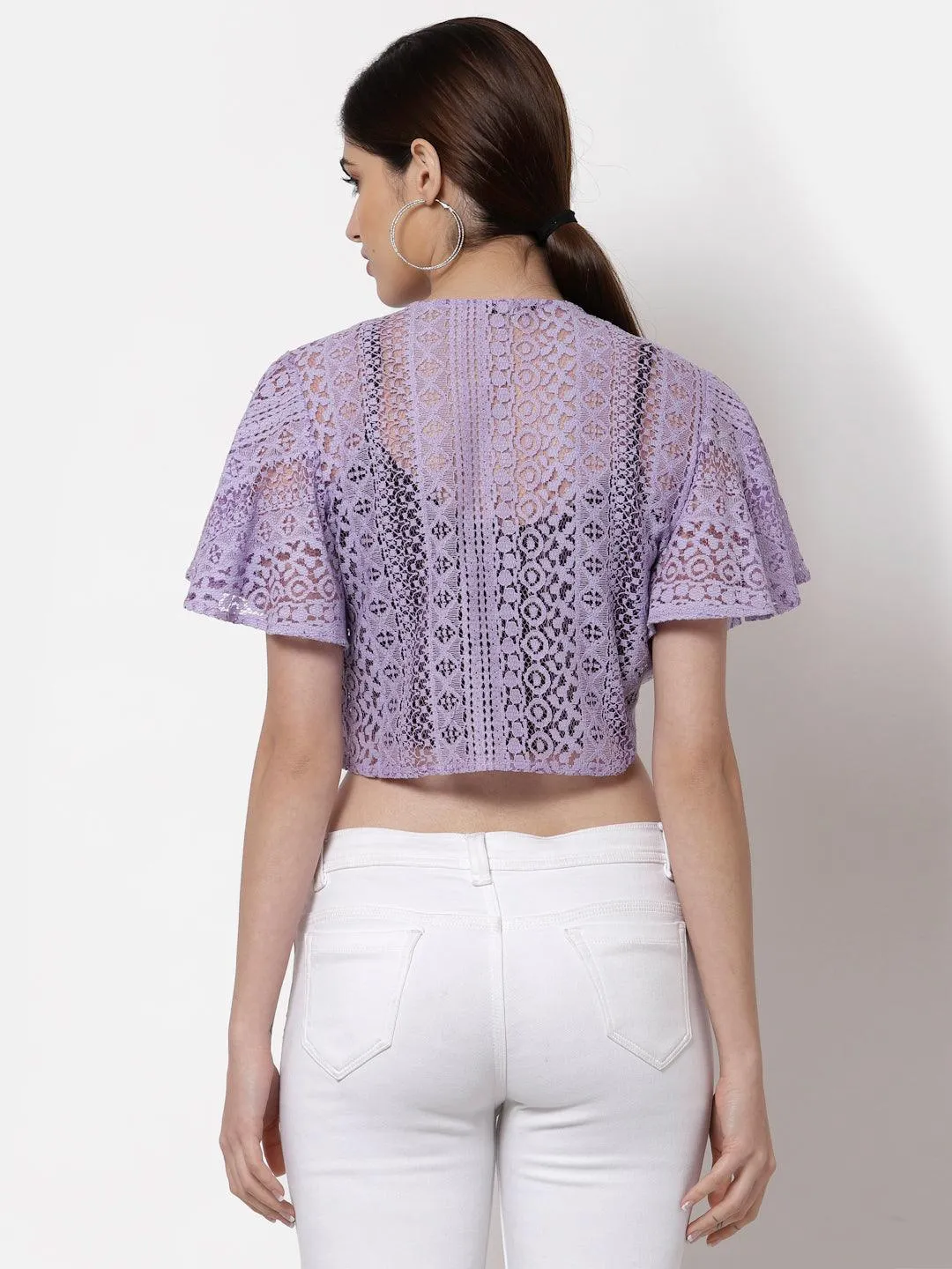 Style Quotient Women Lilac Self Design Lace Open Front Smart Casual Shrug