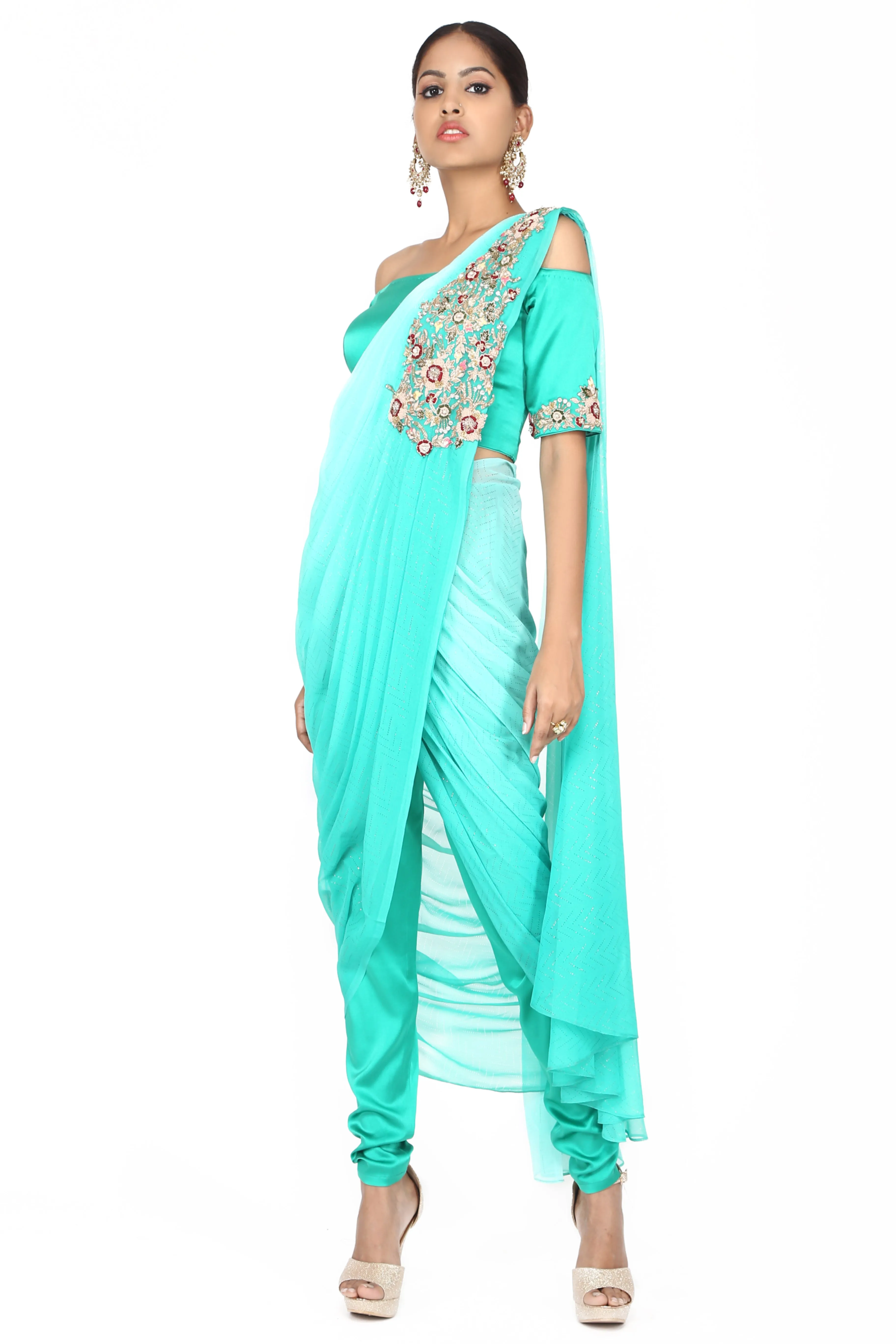 Turquoise blue ombre off-shoulder drape saree