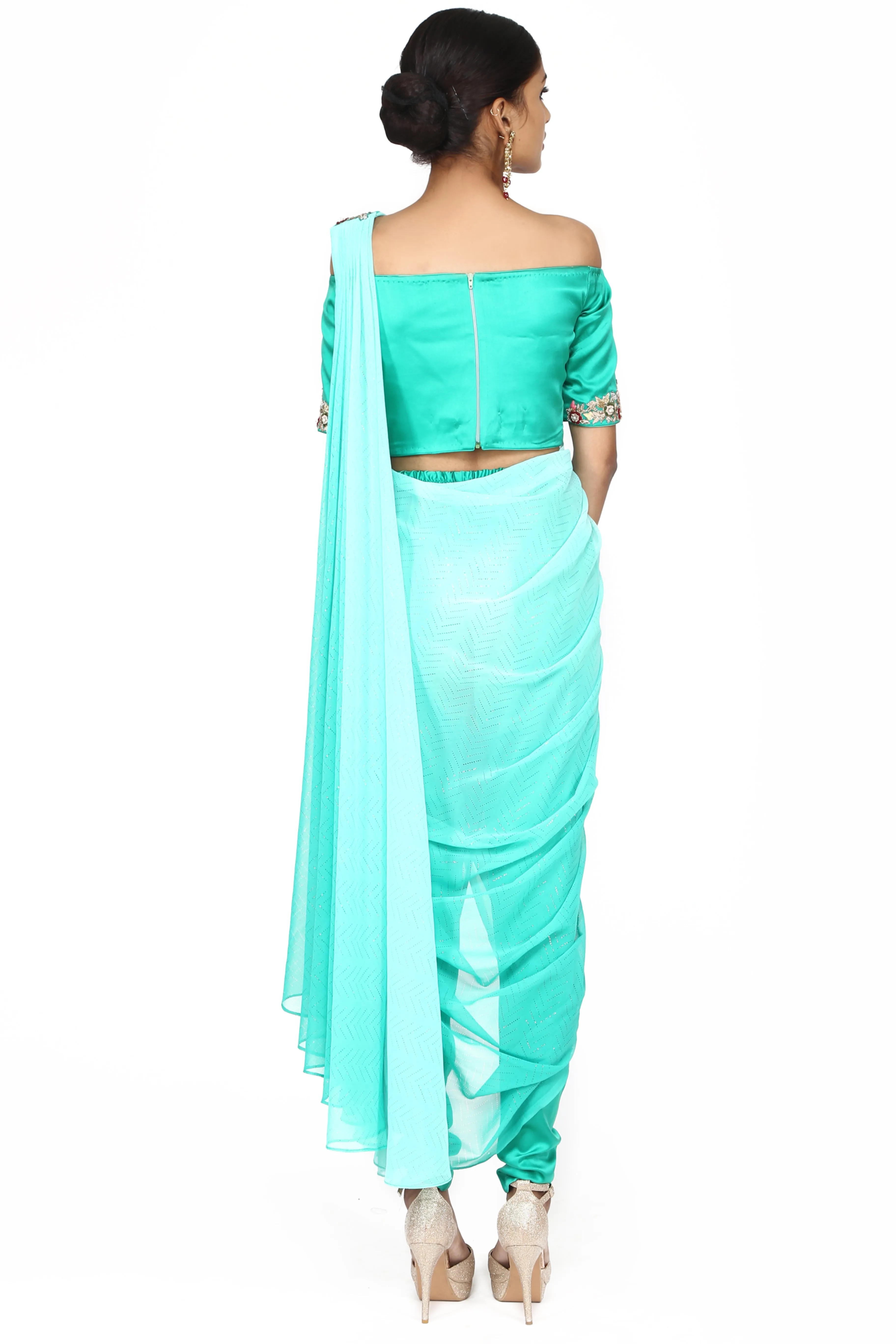 Turquoise blue ombre off-shoulder drape saree