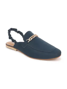 Women Blue Chain Knitted Flat Mules with Elastic Closure