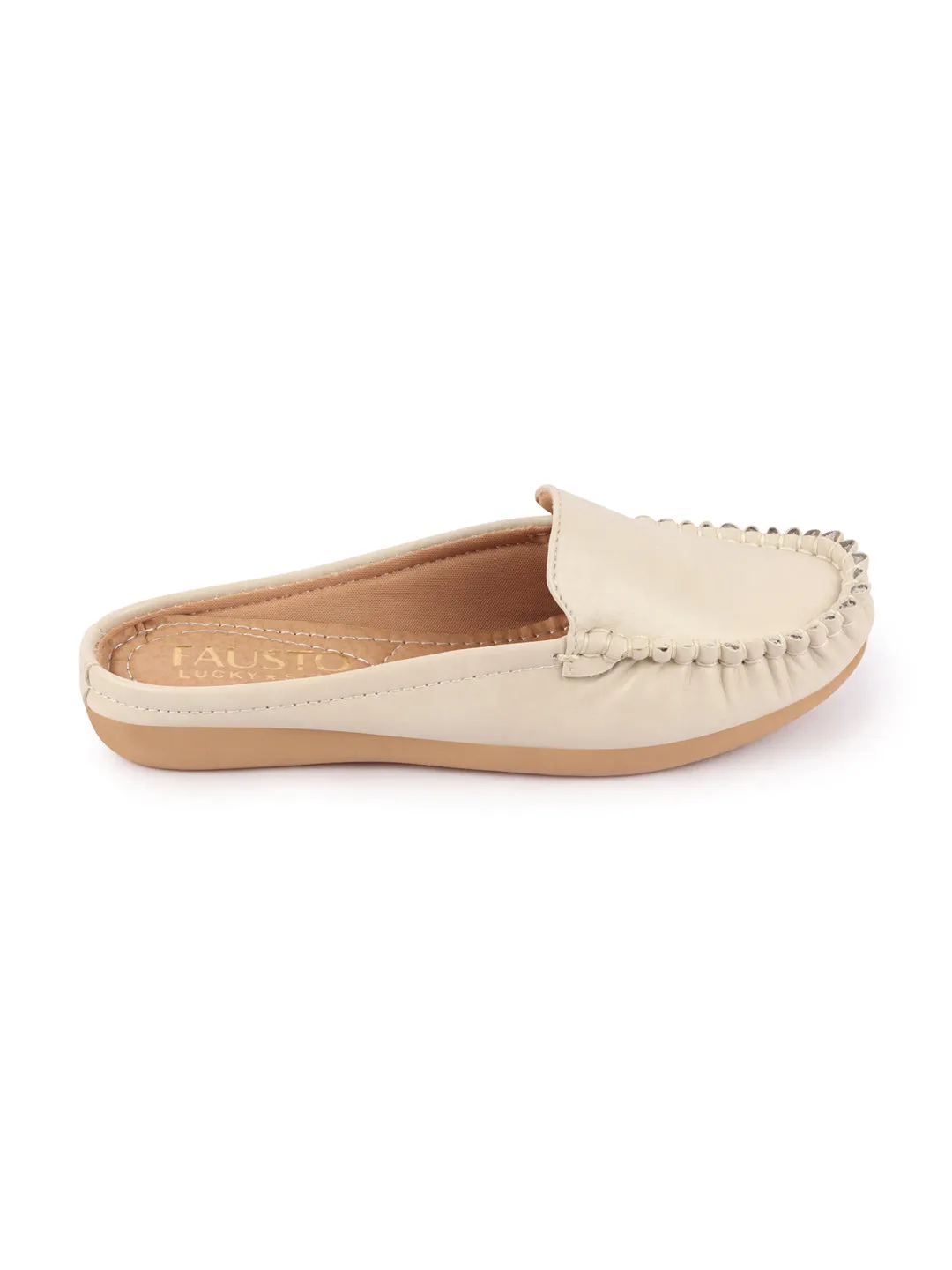 Women Cream Side Stitched Back Open Slip On Mules Shoes