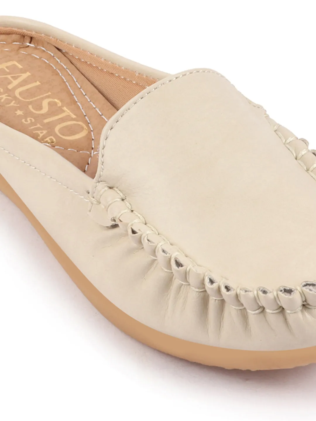 Women Cream Side Stitched Back Open Slip On Mules Shoes